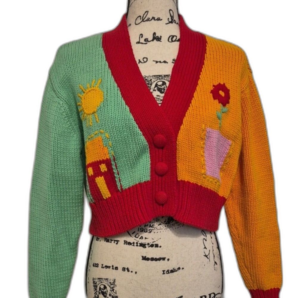 Zara Illustrated Knit Cardigan Sweater S Colorblock Cotton Button Front Novelty